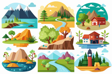 Naklejka premium Colorful Illustrations of Various Landscapes with Mountains, Rivers, Trees, and Buildings