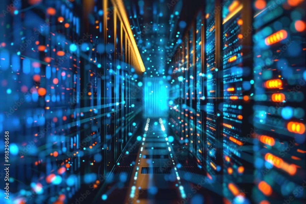 Aufkleber abstract image of a data center with illuminated blue server racks and orange cables