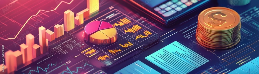 Poster colorful financial charts and graphs showcasing data analysis with coin stacks, representing investm