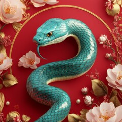 Fototapeta premium Chinese Zodiac Snake in 3D Illustration Embraced by Floral and Chinese Style Elements, a Minimalist Design in Gold Foil Style with Red Gradient for a Clean Background and Festive Chinese New Year Vibe