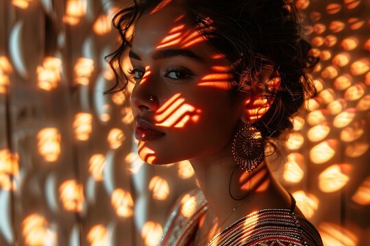 Womans Dark Hair Portrait with Golden Light on Skin