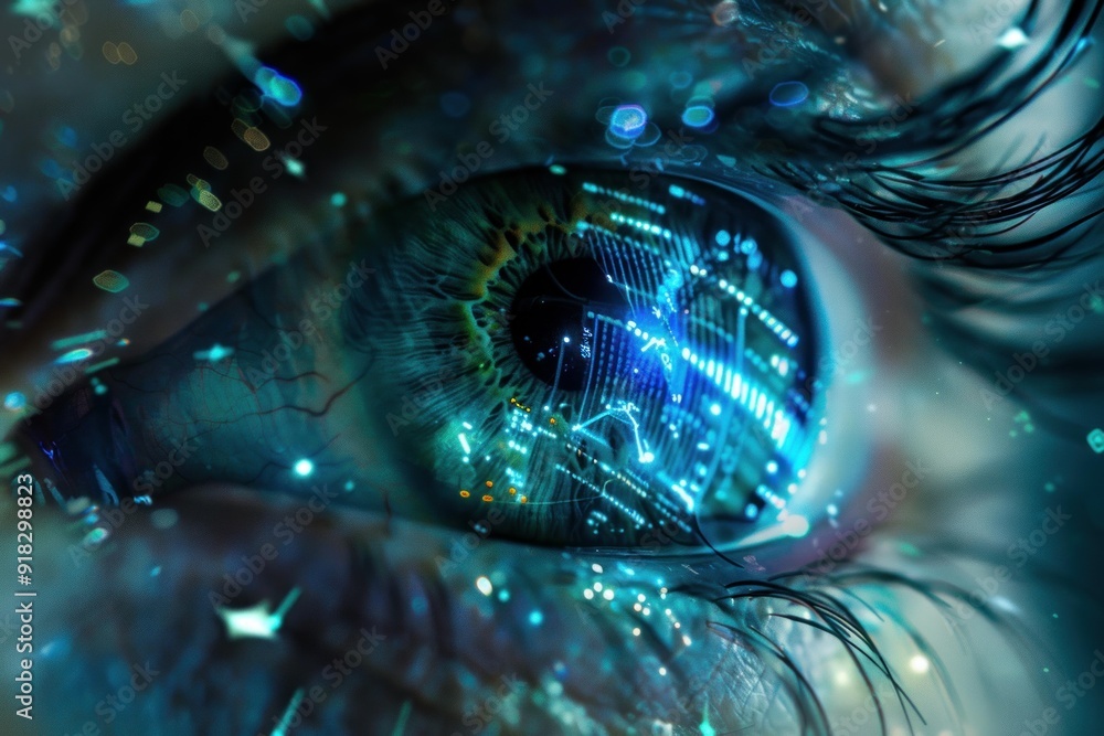 Aufkleber closeup image of a human eye with a superimposed digital circuit pattern, symbolizing technology int