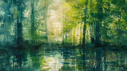 Obraz premium A tranquil forest landscape reflecting in a calm pond during soft golden light