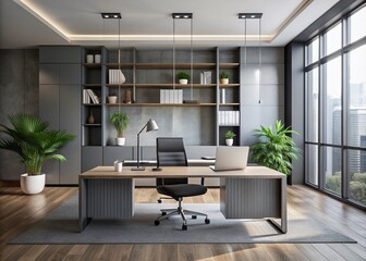 Gray modern office background with sleek minimalist furniture, empty desk, and subtle texture, perfect for business or corporate concept visual representation.
