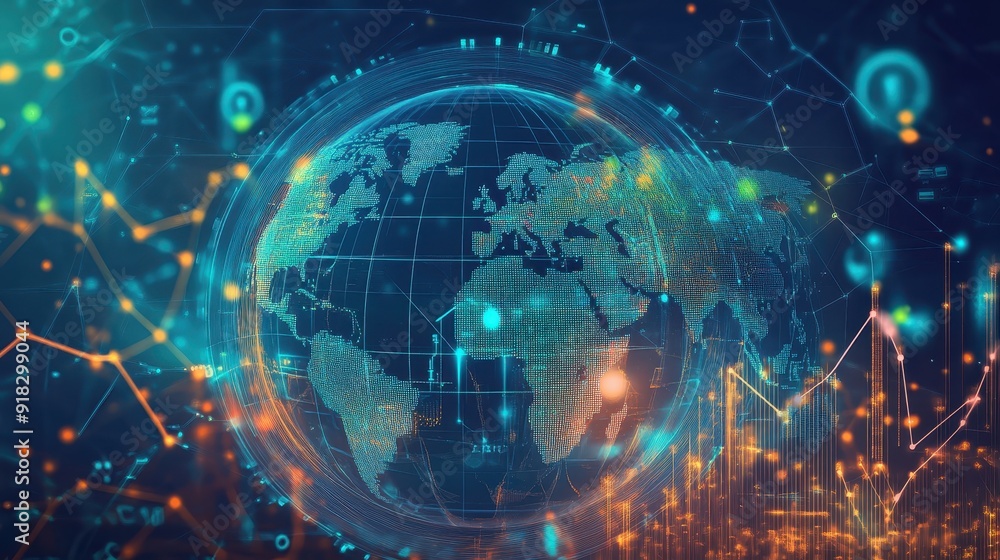 Poster digital globe with data visualization overlay, showcasing global connectivity and technology in a fu
