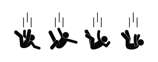 human fall icon set, stick figure human silhouette, people fell