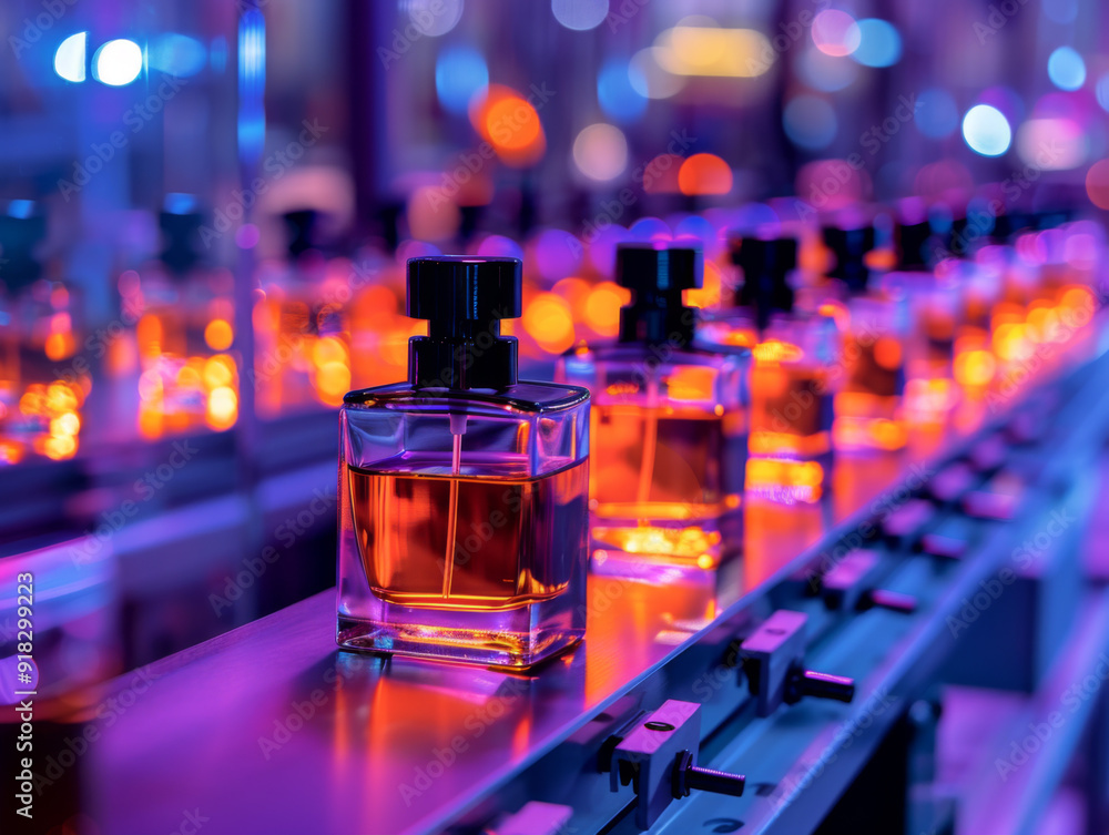 Poster perfume bottles moving on a conveyor belt in a factory setting