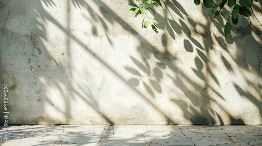 Wall mural Branch shadow and sunlight on wall and floor, summer abstract background, square.