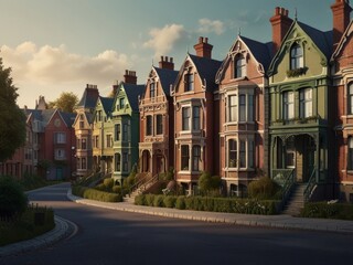 Obraz premium Art artistic depiction of a small tranquil Victorian street. Each facade with intricate details stories of a bygone era. AI generated.