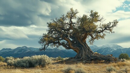 Obraz premium Ancient Tree With Twisted Branches Against Mountain Range and Cloudy Sky