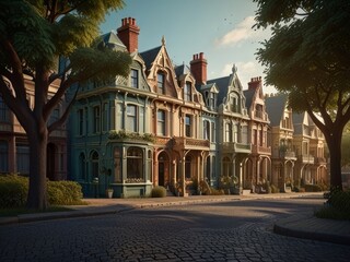 Fototapeta premium Art artistic depiction of a small tranquil Victorian street. Each facade with intricate details stories of a bygone era. AI generated.