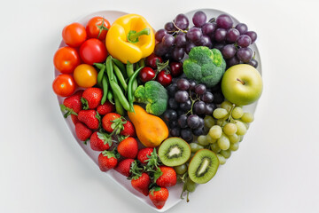 A heart shaped plate with fruits and vegetables.
