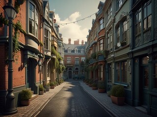 Art artistic depiction of a small tranquil Victorian street. Each facade with intricate details stories of a bygone era. AI generated.