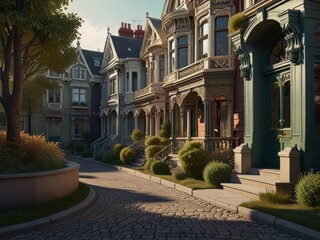 Obraz premium Art artistic depiction of a small tranquil Victorian street. Each facade with intricate details stories of a bygone era. AI generated.