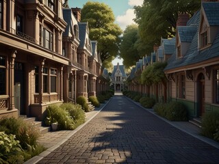 Art artistic depiction of a small tranquil Victorian street. Each facade with intricate details stories of a bygone era. AI generated.