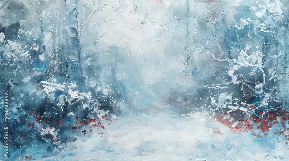 Poster snow-covered forest pathway in winter, with blurred trees and subtle colors creating a serene atmosp