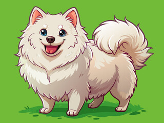 vector of fluffy Samoyed with a thick, standing joyfully. smiling expression, perked ears, and bushy tail curled over its back emphasize its friendly and happy nature, green field background