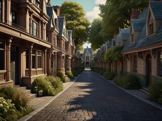 Art artistic depiction of a small tranquil Victorian street. Each facade with intricate details stories of a bygone era. AI generated.