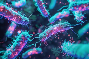 Microscopic view of bacteria, glowing in vibrant colors.