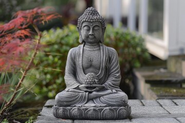 Stone buddha statue with a serene expression, holding a lotus, set amidst lush foliage