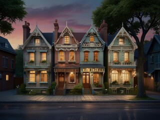Art artistic depiction of a small tranquil Victorian street. Each facade with intricate details stories of a bygone era. AI generated.