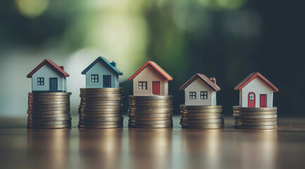 Real estate market growth and property value, with small houses standing on top stacks of coins, against blurred background