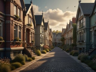 Obraz premium Art artistic depiction of a small tranquil Victorian street. Each facade with intricate details stories of a bygone era. AI generated.