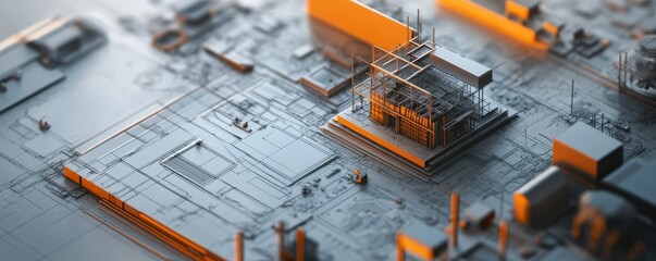 Futuristic circuit board with digital components and technology concept in gray and orange tones.