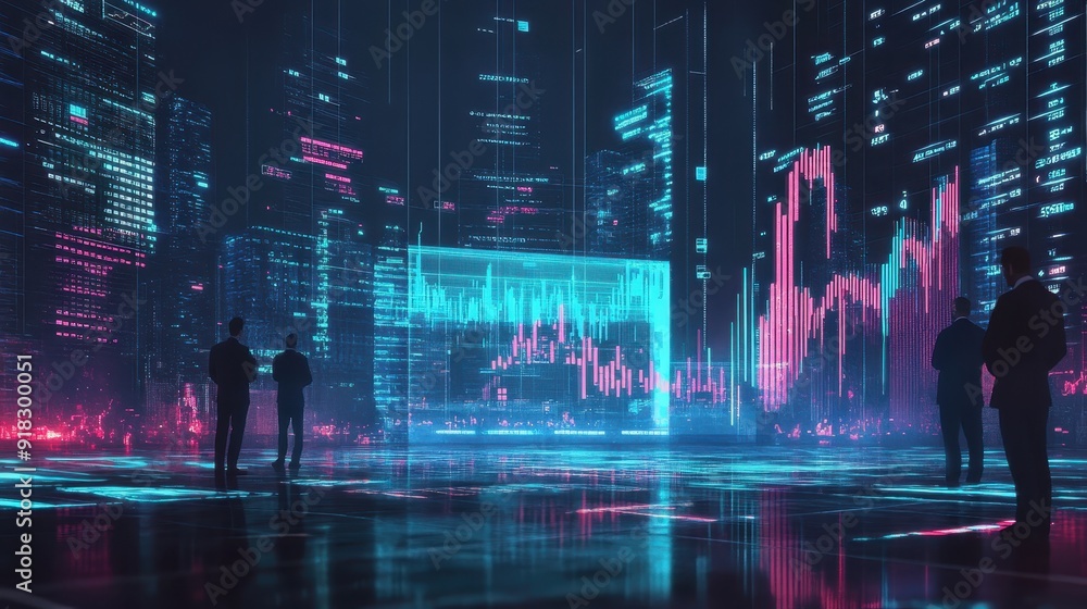 Aufkleber futuristic digital cityscape with glowing data charts and silhouettes, representing advanced technol