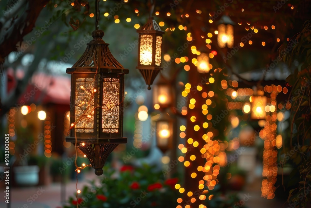 Aufkleber enchanted vintage lanterns casting warm glow in a bokehlit garden pathway at dusk, creating an encha