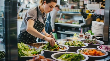 Obraz premium Staff member in a neat apron, preparing salads and other fresh dishes in a deli.