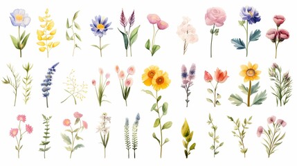 Beautifully detailed watercolor flowers in a range of colors and styles showcasing botanical elegance.