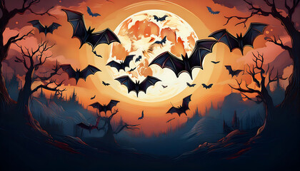 Fototapeta premium Halloween Bats Against a Full Moon- An illustration depicting Halloween bats flying against_1(136)