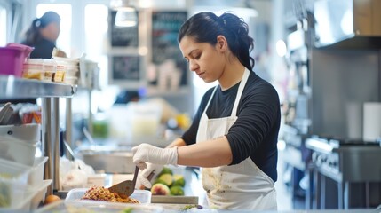 Fototapeta premium Staff member in an apron, preparing ingredients in a busy kitchen.