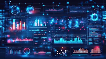 Obraz premium Futuristic digital dashboard interface with dynamic data visualizations, charts, and graphs, showcasing big data analytics in high tech design.