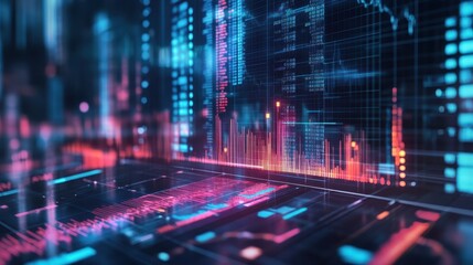 Obraz premium Futuristic digital data visualization, abstract technology and financial stock market concept with glowing graphs and charts