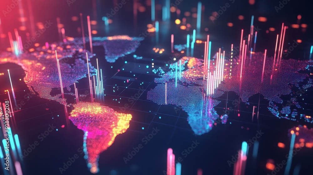 Aufkleber futuristic digital world map with glowing data points and vibrant colored lights representing global