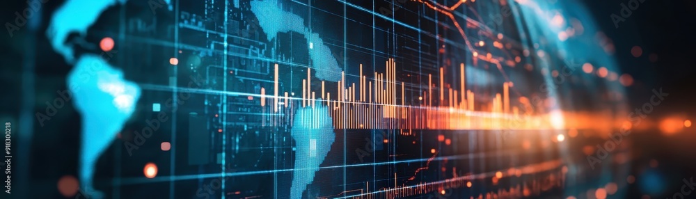 Poster futuristic digital world map with glowing lines and charts representing global data, finance, and te