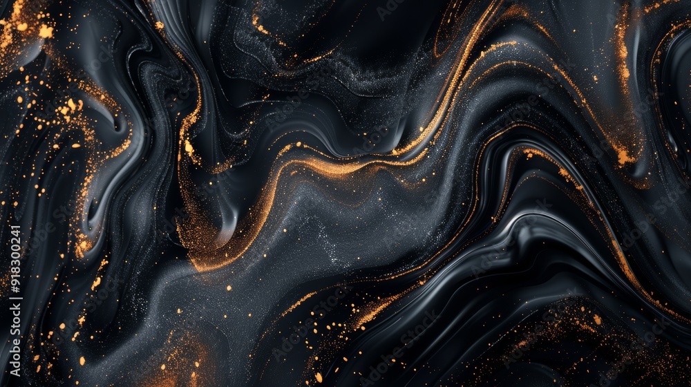 Poster swirling black and gold abstract pattern resembling agate stone with flowing lines and textures