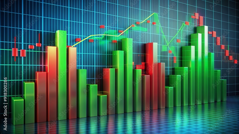 Poster colorful bar graph illustrates mixed stock portfolio performance, with ascending green columns repre