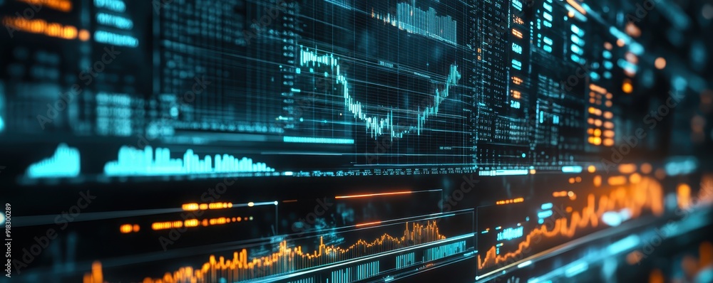 Poster futuristic financial data visualization with charts and graphs on a digital board, showcasing stock 