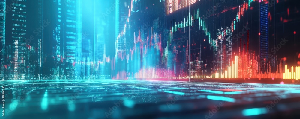 Poster futuristic financial data visualization with glowing charts and a digital interface in vibrant color