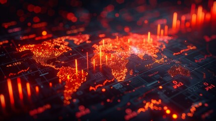 Global Economic Trends: A world map overlaid with economic indicators, currency symbols, and growth metrics, reflecting the analysis of global economic trends and their impact on business strategies.