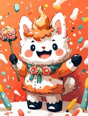 Fototapeta premium Cute Cartoon Character Holding a Flower in a Festive Setting