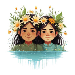 Lovely siblings are playing adorn with natural flower wreath  vector illustration 