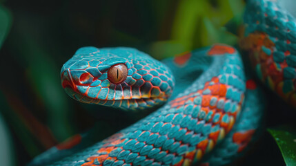 Fototapeta premium A tight shot of a blue-orange snake's head against a green backdrop of foliage.