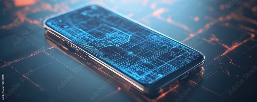 Poster futuristic smartphone displaying a digital blueprint on its screen, surrounded by a high-tech hologr
