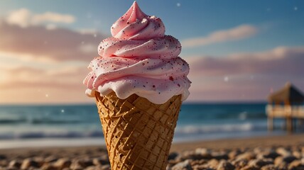 High-resolution, close-up image of a soft-serve ice cream cone with a beach setting in the background. The ice cream is swirled in a pink and white gradient, topped with colorful sprinkles. 