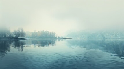 Fototapeta premium Foggy lake at dawn with calm water reflecting trees and muted colors in a serene landscape