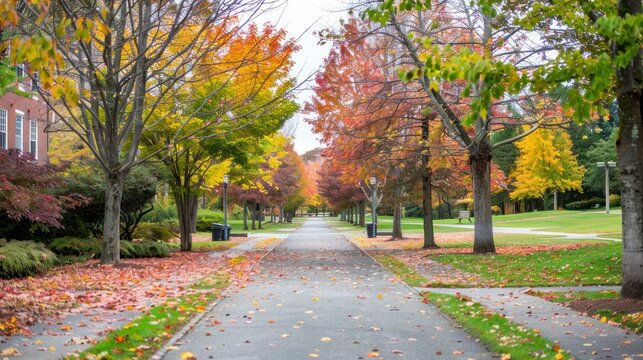University campus during fall with colorful leaves and scenic pathways.